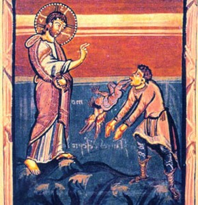 Medieval book illustration of Christ Exorcising the Gerasenes demoniac